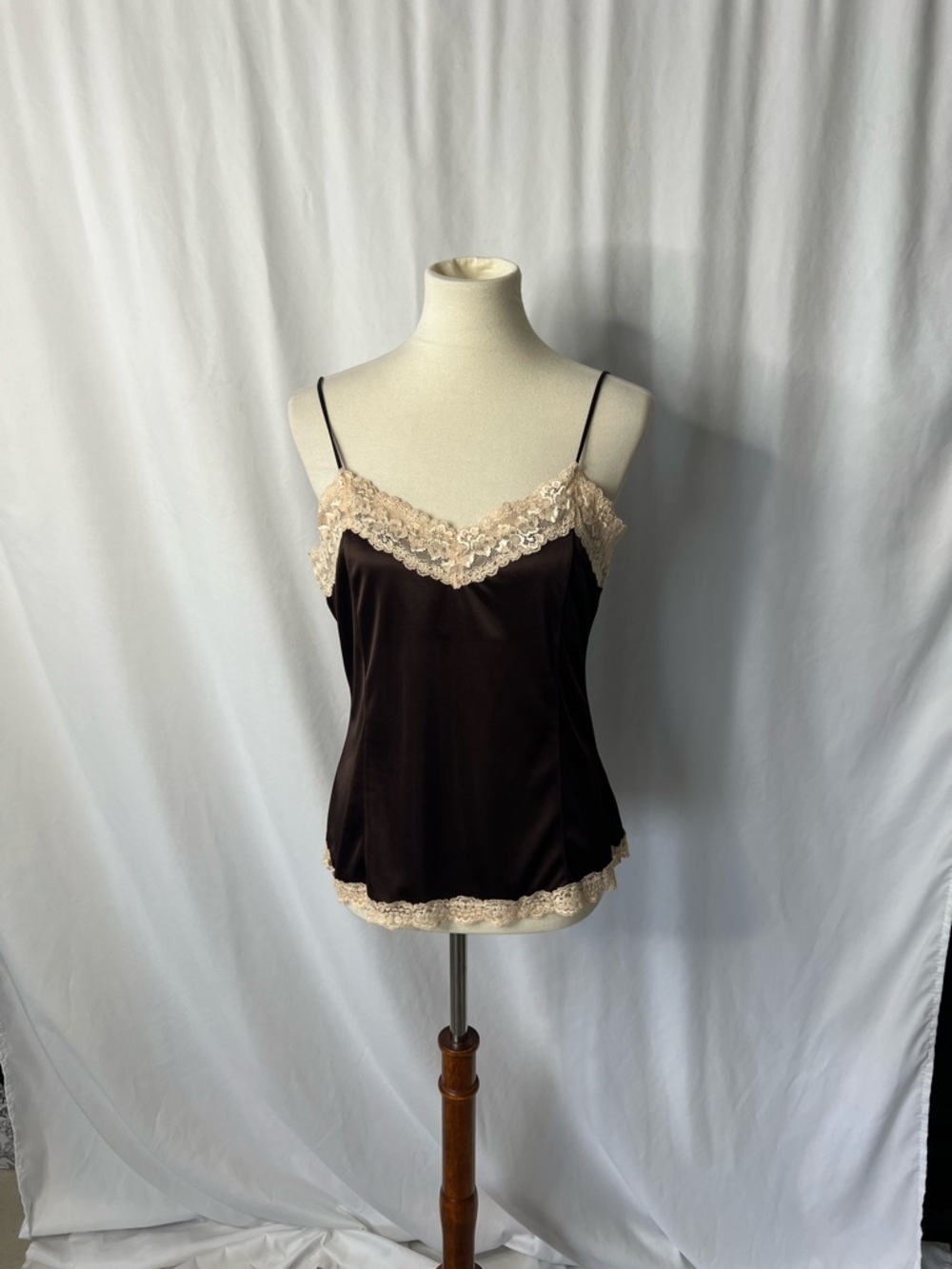 Worthington Satin Lace Cami | Brown & Cream Trim | Size L | Elegant Slip Tank